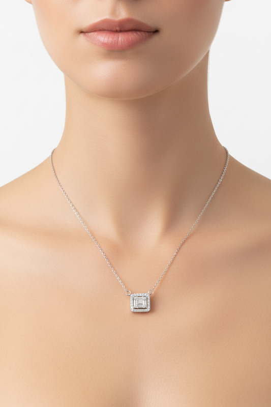 Rhodium Plated 925 Sterling Silver Round Baguette CZ Square Necklace