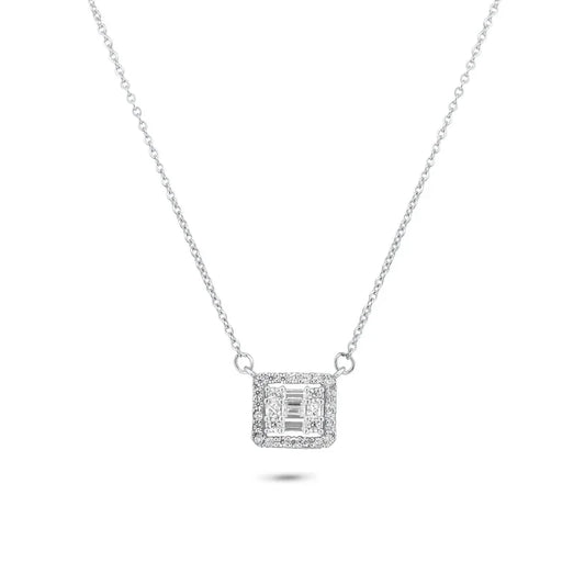 Rhodium Plated 925 Sterling Silver Round Baguette CZ Square Necklace