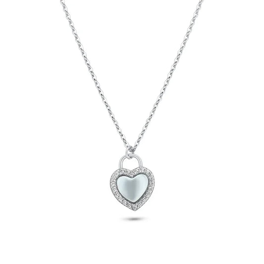 Rhodium Plated 925 Sterling Silver Heart CZ Mother of Pearl Necklace