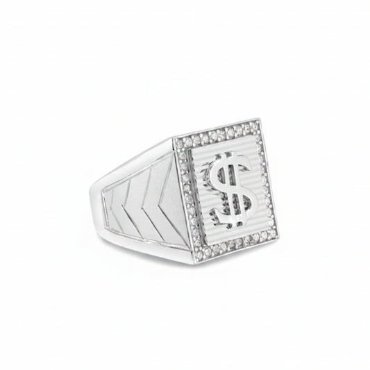 925 Sterling Silver Rhodium Dollar Sign Ring with CZ