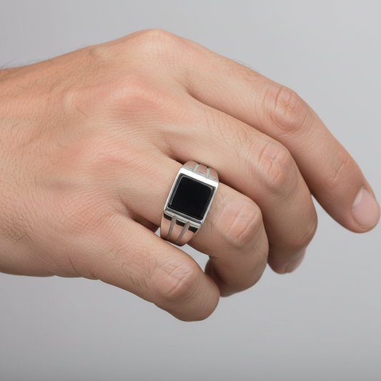 Sterling Silver Rhodium Square Black Onyx Ring