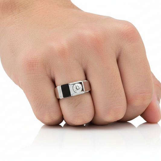 925 Sterling Silver Rhodium Black Onyx Round CZ Ring