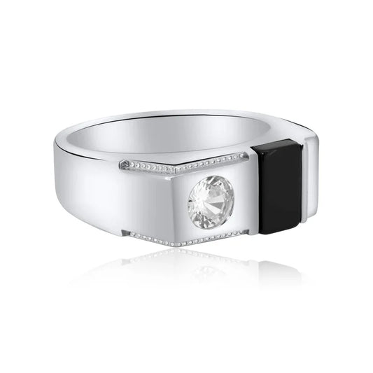 Sterling Silver Rhodium Black Onyx Round CZ Ring