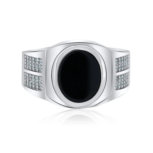 Men's Sterling 925 Sterling Silver Rhodium Oval Black Onyx CZ Shank Ring
