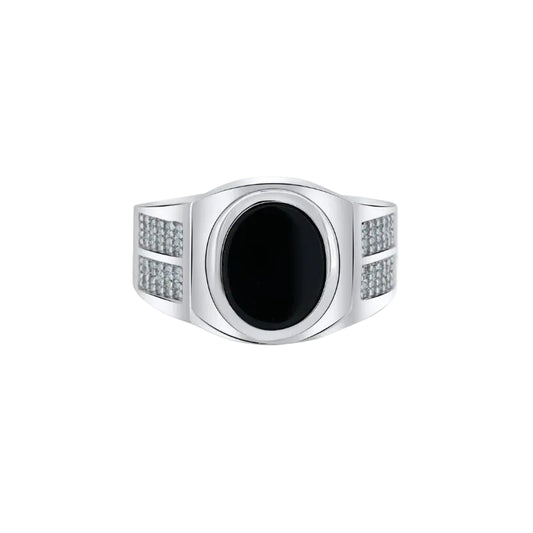 Sterling Silver Men's Sterling Silver Rhodium Oval Black Onyx CZ Shank Ring