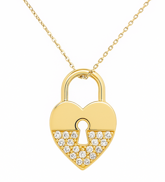 Yellow Gold Necklace,Heart with lock Pendant setting with Cubic Zirconia , 14k