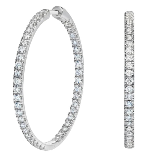 14k White Gold Large Double Side Hoop Natural Diamond Earrings