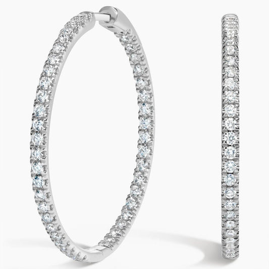 White Gold Large Double Side Hoop Natural Diamond Earrings.