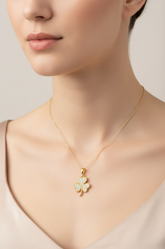 Yellow Gold Necklace, Heart shape three leaf Flower Pendant setting with Cubic Zirconia , 14k