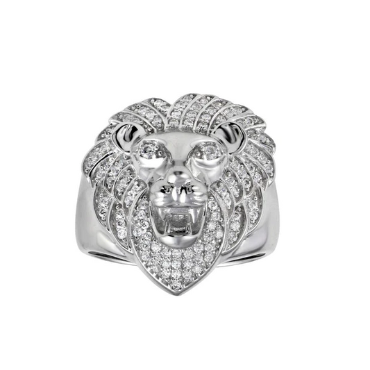 Men's Sterling Silver Rhodium Plated Lion Head Ring