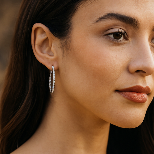 White Gold Large Double Side Hoop Natural Diamond Earrings.