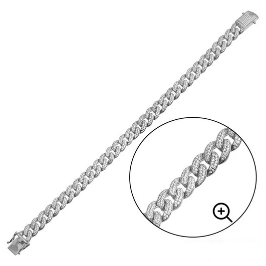 Silver 925 Rhodium Plated CZ Encrusted Miami Cuban Link Bracelet.