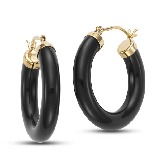 Yellow Gold Hoop Earring with Onyx, 18k