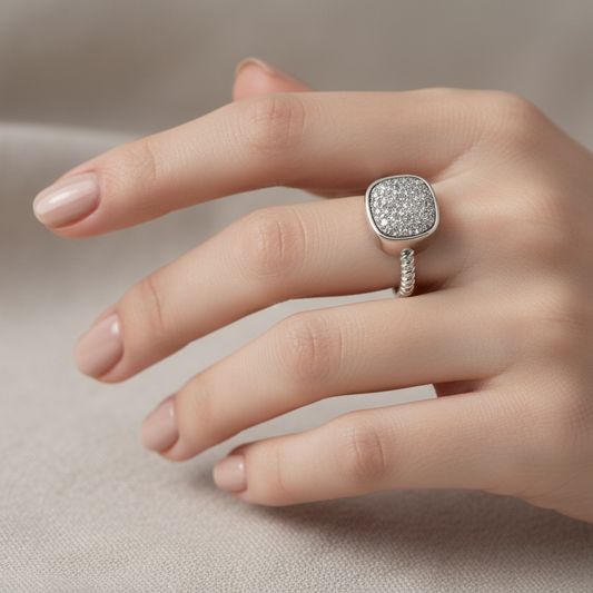 925 Sterling Silver Rhodium-Plated Square Drusy Gemstone Ring