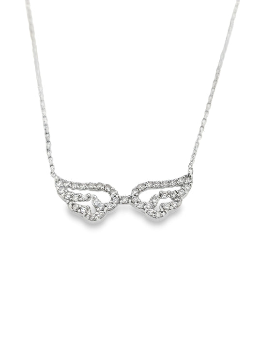 White Gold Angel Wings CZ Necklace. 18k 2.9gr 16".