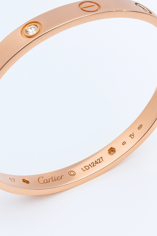 Rose Gold Cartier Love Bracelet with 4 Diamonds. 18k, Size 17, TDW: 0.42ct, VS GH - Resale