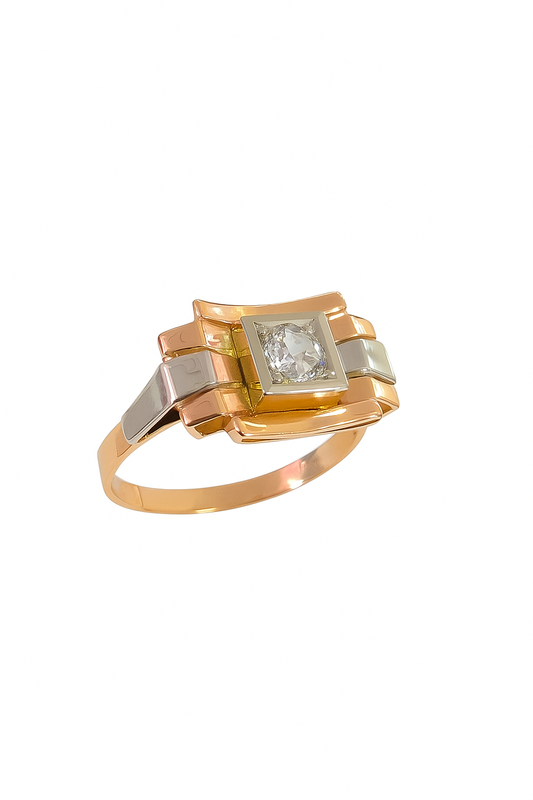 Tri-tone Gold Art Deco CZ Ring.