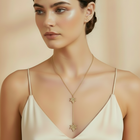 Yellow Gold Necklace Y shape with two leaves pendants, 14k