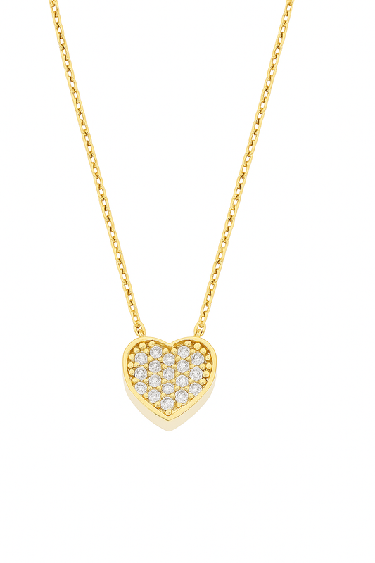 Yellow Gold CZ Pavé Heart Shape Floating Necklace. 18k.