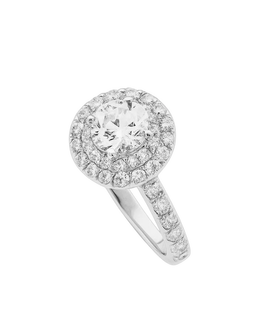 White Gold Solitaire Halo Diamond Ring. 14k, TDW: 1.46ct, VS-SI, FG