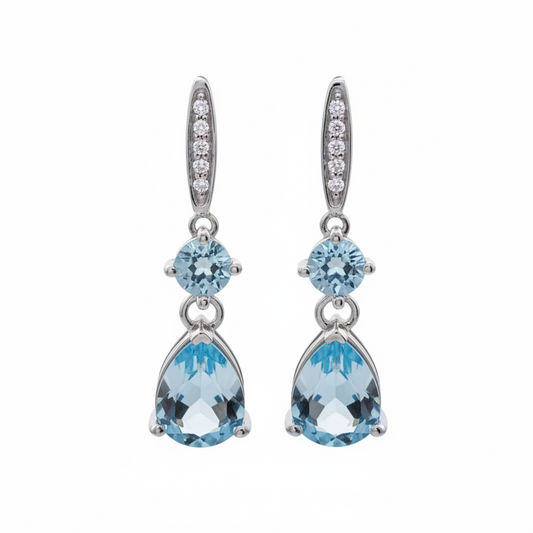 Sterling Silver Dangling Earrings with Blue and white Cubic Zirconia, 925