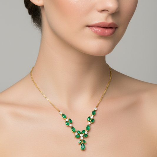 14K Yellow Gold Colombian Emerald and Diamond Necklace. E:2.13ct TDW: 0.30ct. VS HI