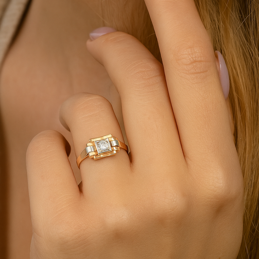 18K Two-Tone Gold Vintage Art Deco CZ Ring