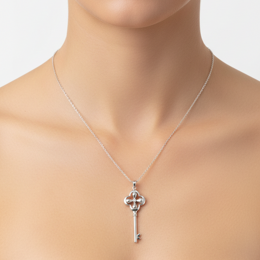 Sterling Silver Clover Key Pendant with Cubic Zirconia Accent Pendant Necklace