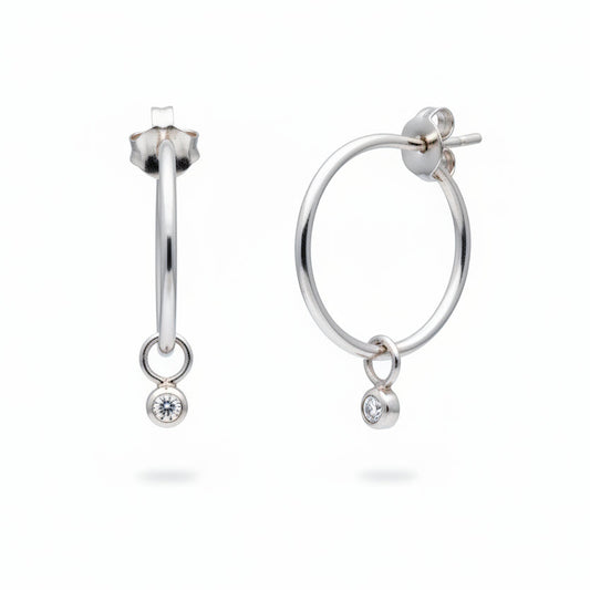 925 Sterling Silver Bezel-Set CZ Charm Hoop Earrings