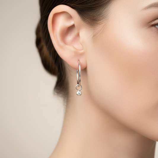 925 Sterling Silver Bezel-Set CZ Charm Hoop Earrings