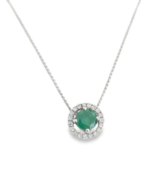 White Gold Floating Round Emerald and Diamond Necklace. 14k E: 0.25ct TDW: 0.25ct