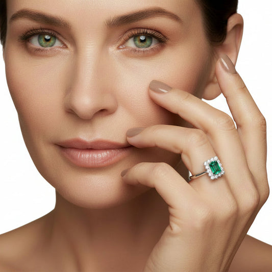10k Vintage White Gold Emerald and Diamond Ring.