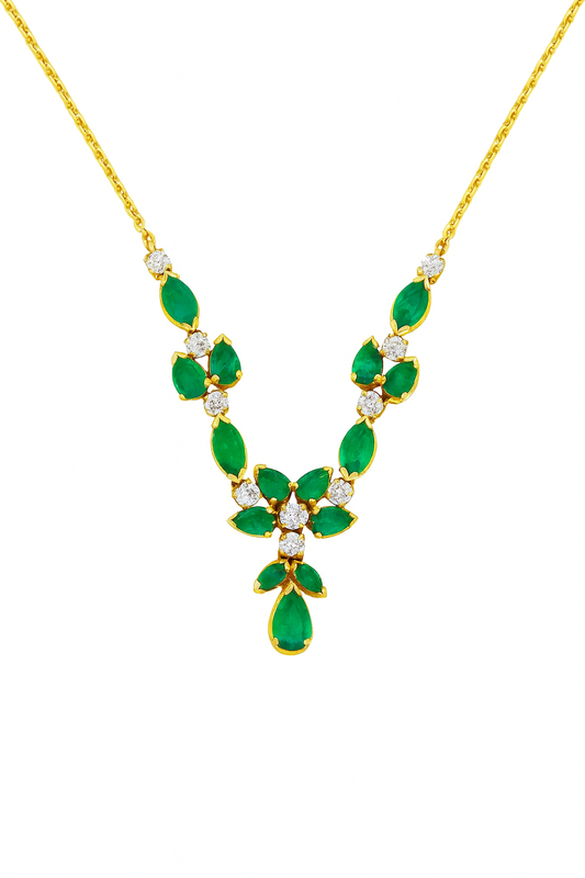 Yellow Gold Colombian Emerald and Diamond Necklace. 14k E:2.13ct TDW: 0.3ct. VS HI