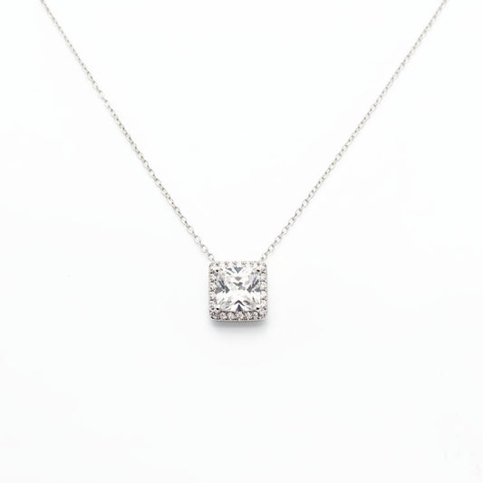 Sterling Silver Princess – cut Cubic Zirconia Halo Pendant Necklace