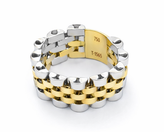 18K Two-tones Yellow and White Gold Rolex Style Chain Ring.