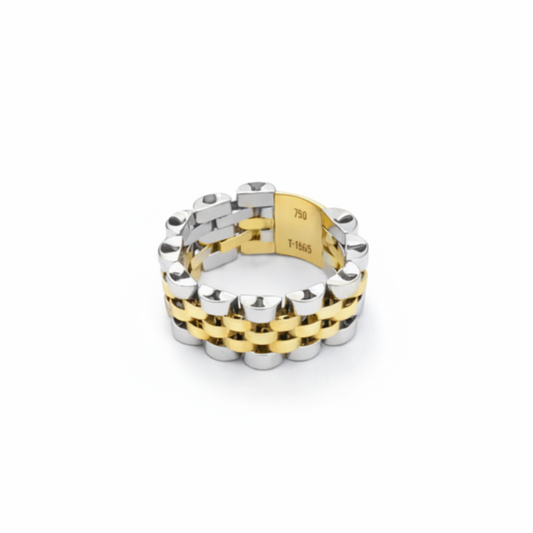 18K Two-tones Yellow and White Gold Rolex Style Chain Ring.