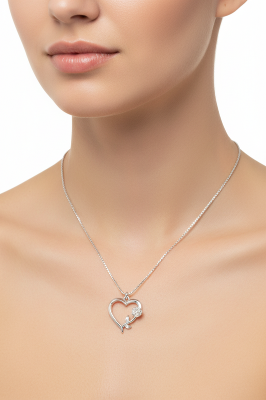 925 Sterling Silver Rhodium Plated Heart Rose Necklace Pendant