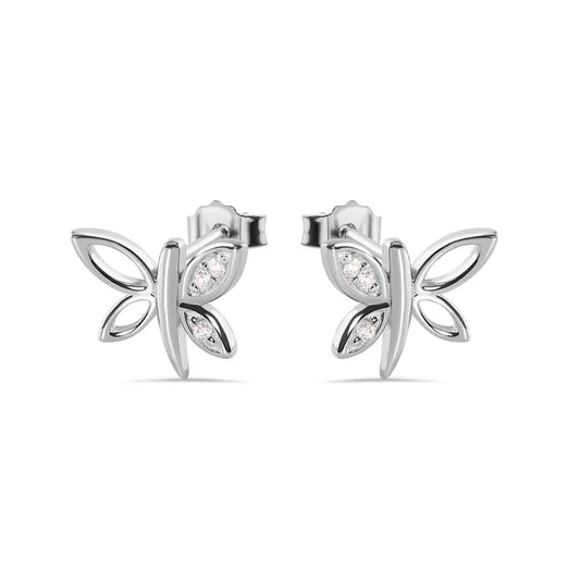 Silver 925 Rhodium Plated Dragonfly Butterfly CZ Stud Earrings