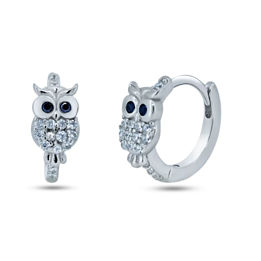 Sterling Silver Rhodium Plated Pave Huggie Owl Hoop Earrings