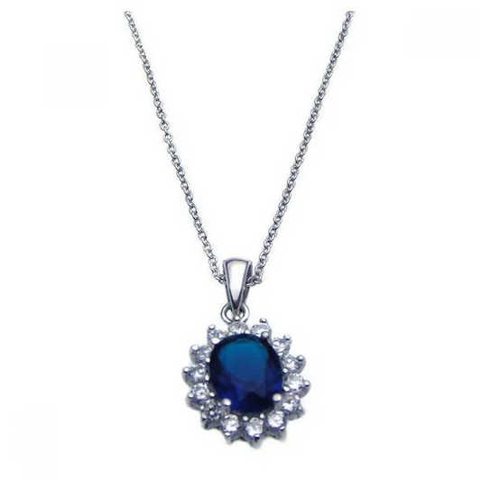 Sterling Silver Necklace with Oval shape Blue Cubic Zirconia