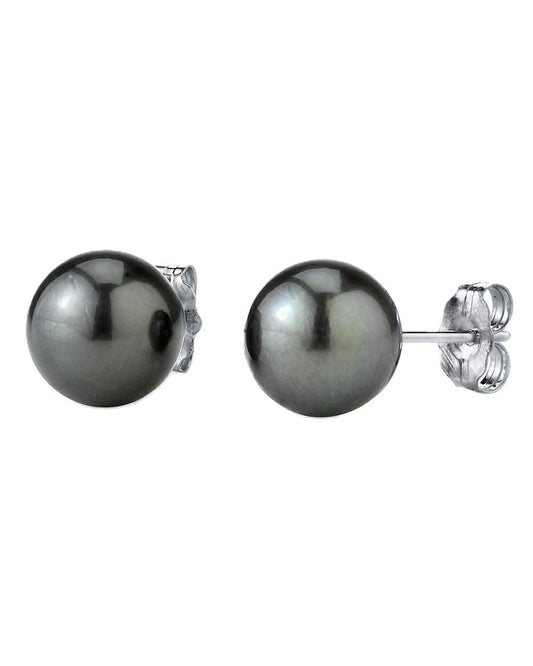 White Gold Tahitian Black Pearl Earrings. 14k, 10mm
