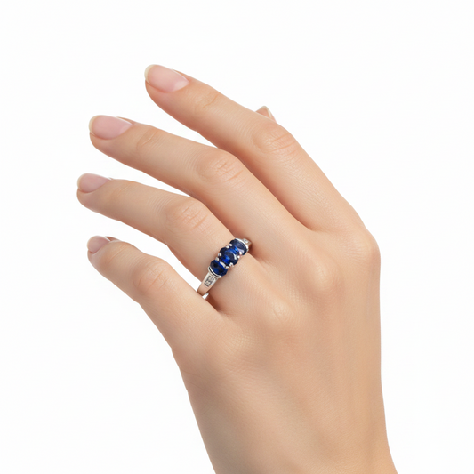 10K White Gold Triple Sapphire and Diamond Ring