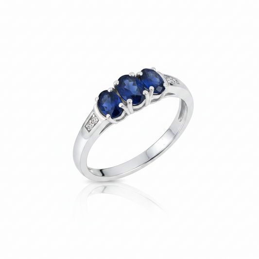 10K White Gold Triple Sapphire and Diamond Ring