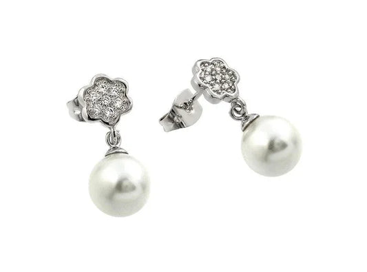 Silver 925 Rhodium Plated Flower CZ Inlay Dangling Pearl Stud Earrings