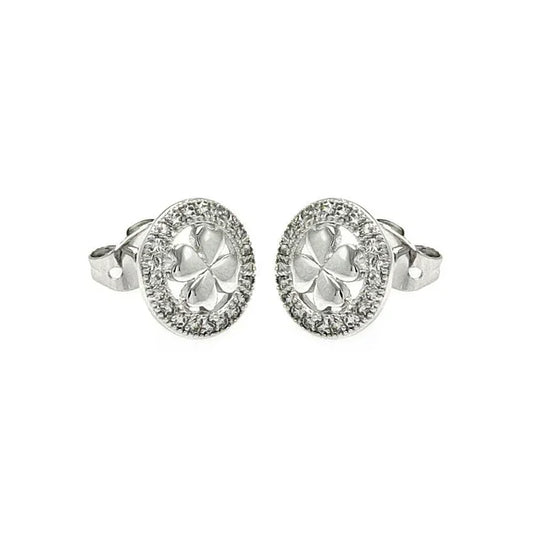Silver 925 Rhodium Plated Open Circle Clover CZ Stud Earrings