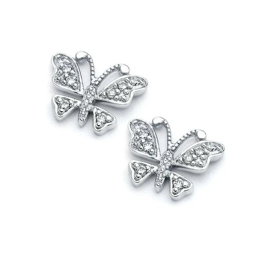 Silver 925 Rhodium Plated Open Butterfly CZ Stud Earrings