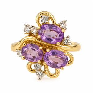 14K Yellow Gold Oval Amethyst & Diamond Floral Cluster Cocktail Ring