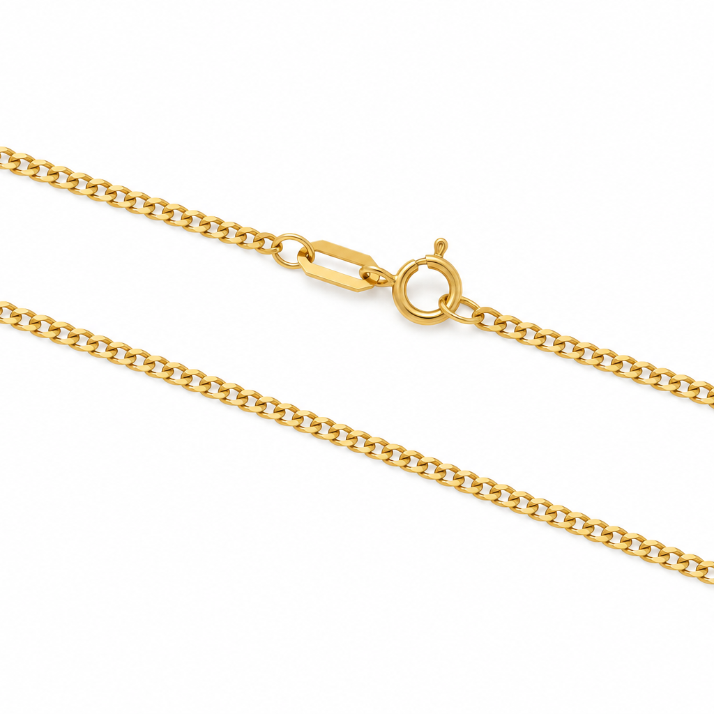 18K Yellow Gold Curb Chain Necklace 2mm - close-up of curb links and spring ring clasp