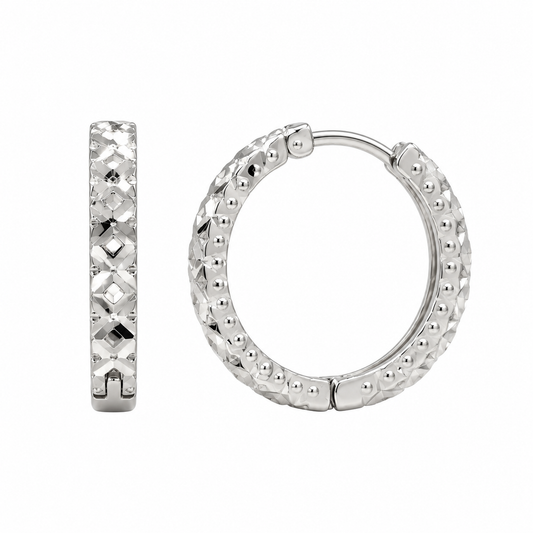 925 Sterling Silver Rhodium Plated Diamond-Cut Hoop Earrings