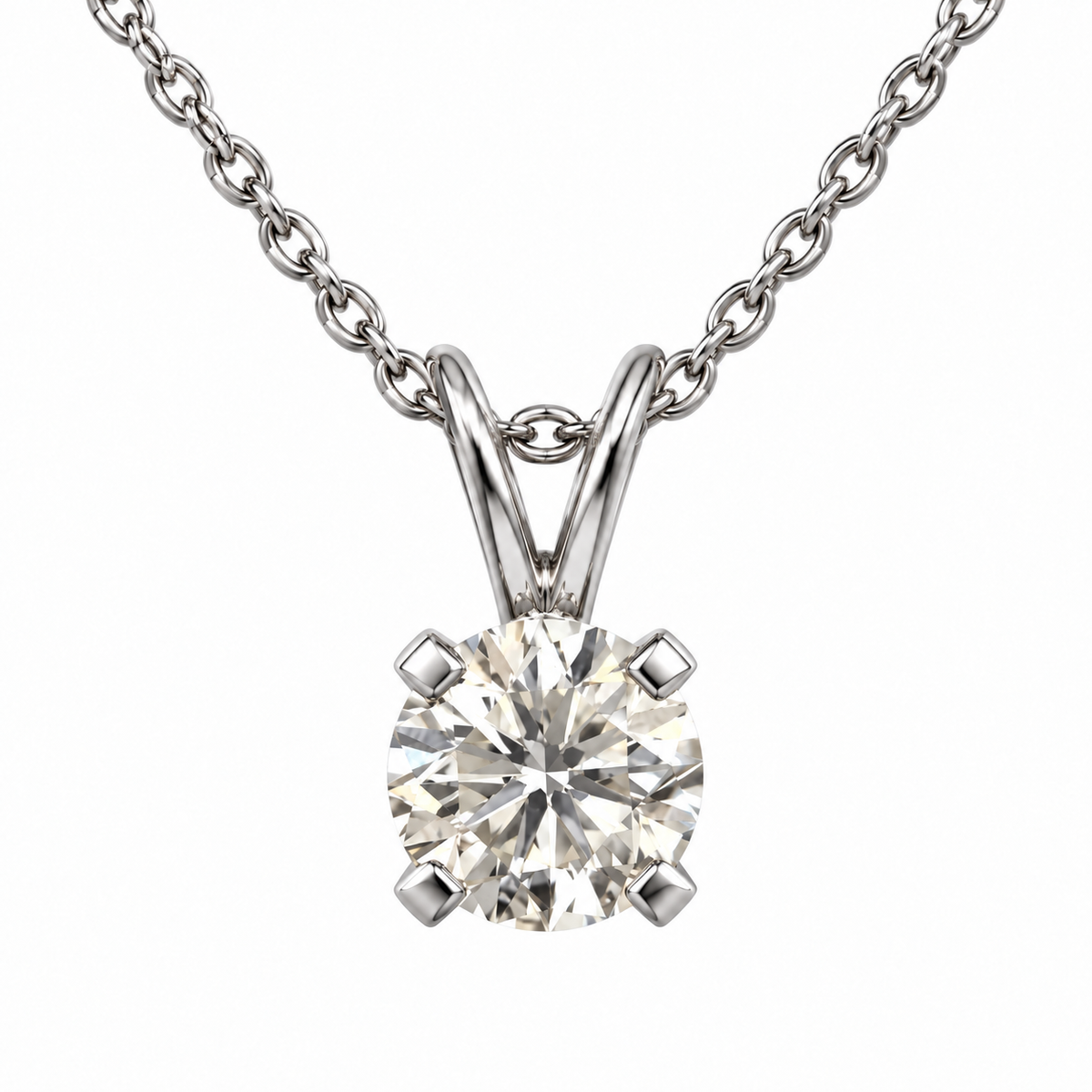 14K White Gold Round Diamond Solitaire Pendant Necklace 0.47ct 17" - pendant front close-up